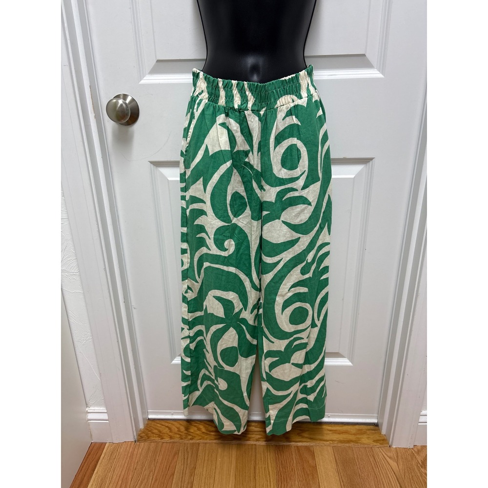 Green & White Abstract Wide Leg Elastic Waistband Lightweight Linen - Size XS